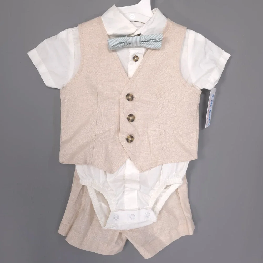 CARTERS Baby Boys New 4 Pc Outfit Set Vest Shorts Romper 6M Beige &‎ White